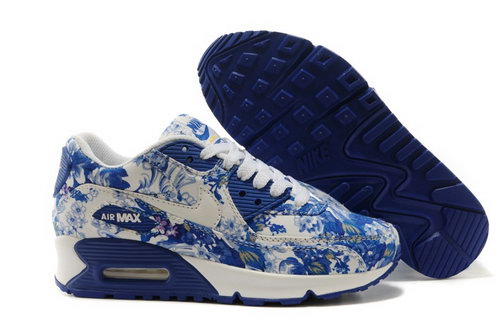 Nike Air Max 90 Womenss Shoes White Deep Blue Flower New Sweden